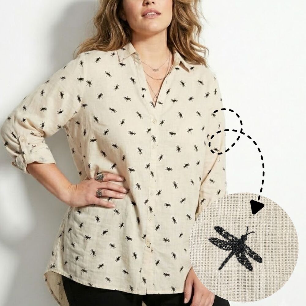 Isaac Mizrahi 100% Linen Shirt Large Dragonfly Cream Tan Relaxed Fit Roll Sleeve
